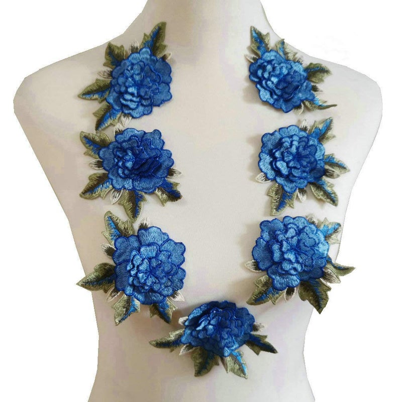 FEEPOP 7 Pcs Handmade Applique Embroidered Iron Leaf Flowers (7 Lakes Blue) Handmade Applique Embroidered Iron Leaf Flowers (Blue B) - Image 1